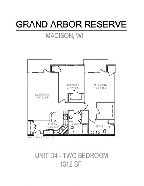 Floor plan for 2 beds, 2 baths, 1312 sqft